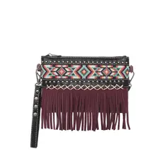 Montana West Embroidered Aztec Fringe Collection Burgundy Tote Bag