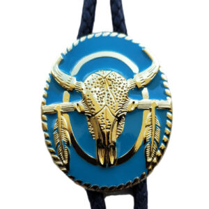 Brigalow Steer Skull w Feathers Bolo Tie Turquoise Enamel