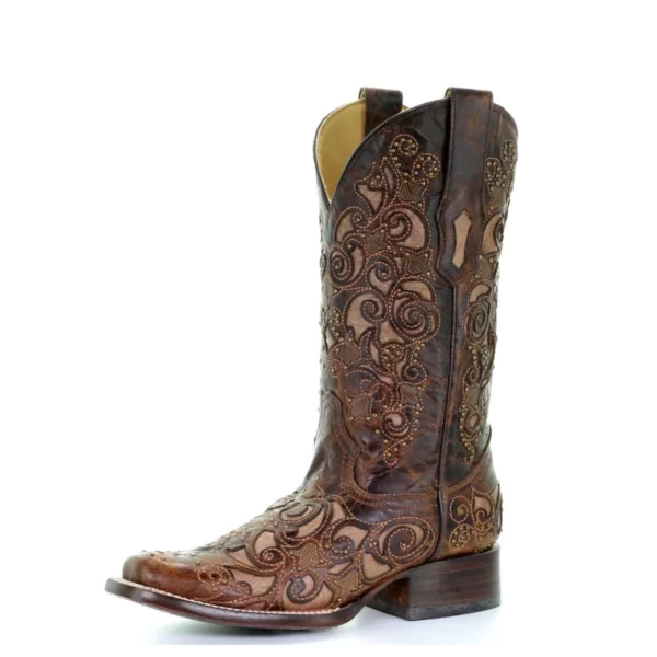 Corral Inlay with Studs & Embroidery Square Toe Cowgirl Boots Brown - Image 2