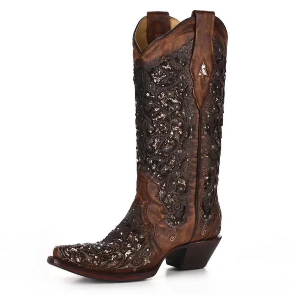 Corral Inlay & Flowered Embroidery Studs & Crystal Boots Cognac