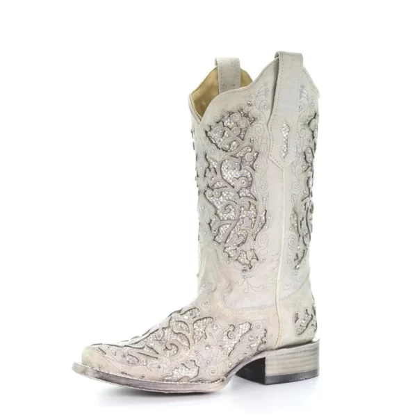 Corral Glitter Inlay Studs & Crystals Square Toe Boots White - Image 2