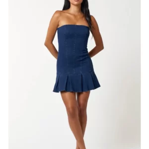 Blue Blush Denim Pleated Ruffle Womens Mini Tube Dress