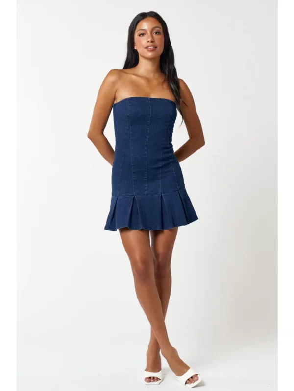 Blue Blush Denim Pleated Ruffle Womens Mini Tube Dress