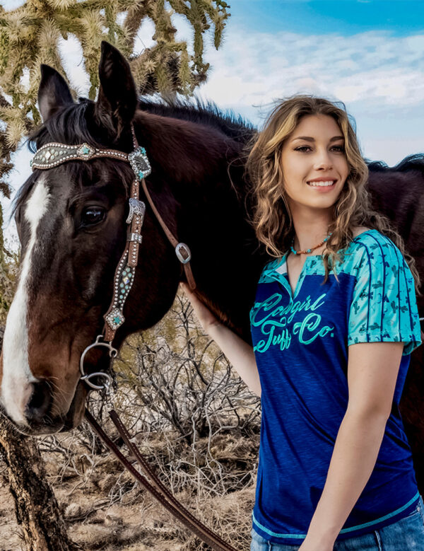 Cowgirl Tuff Indigo and Turquoise Western Print Henley Tee