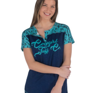 Cowgirl Tuff Indigo and Turquoise Western Print Henley Tee