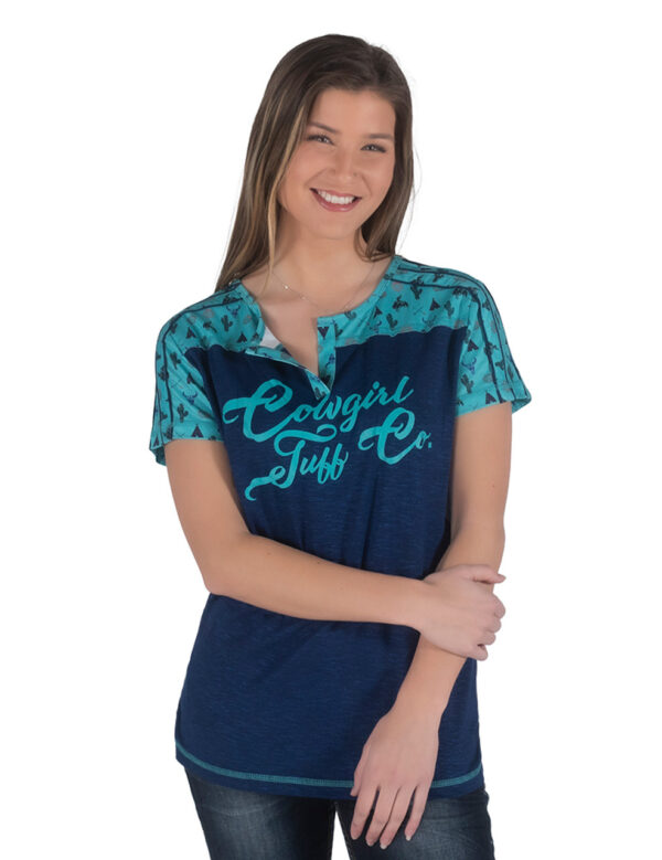 Cowgirl Tuff Indigo and Turquoise Western Print Henley Tee