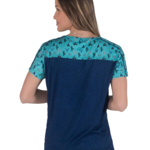 Cowgirl Tuff Indigo and Turquoise Western Print Henley Tee