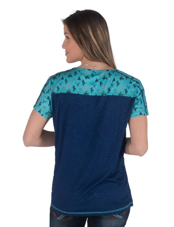 Cowgirl Tuff Indigo and Turquoise Western Print Henley Tee