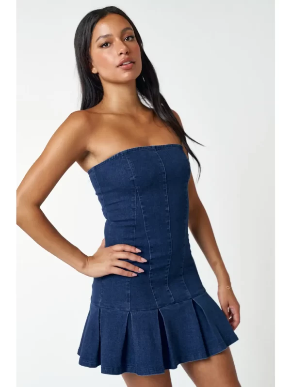 Blue Blush Denim Pleated Ruffle Womens Mini Tube Dress - Image 3