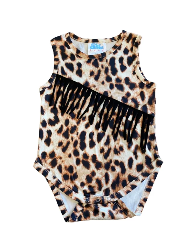 Shea Baby Leopard Sued Fringe Onesie