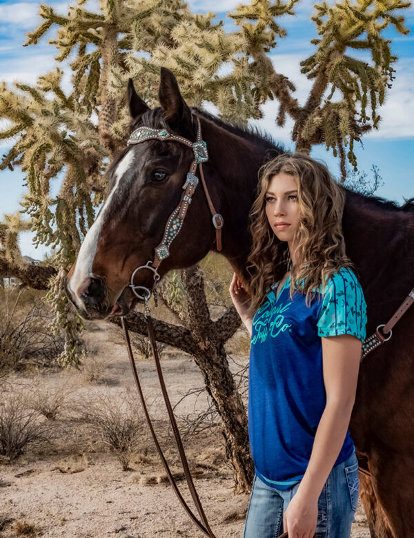 Cowgirl Tuff Indigo and Turquoise Western Print Henley Tee