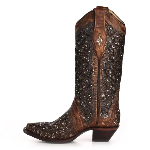 Corral Inlay & Flowered Embroidery Studs & Crystal Boots Cognac