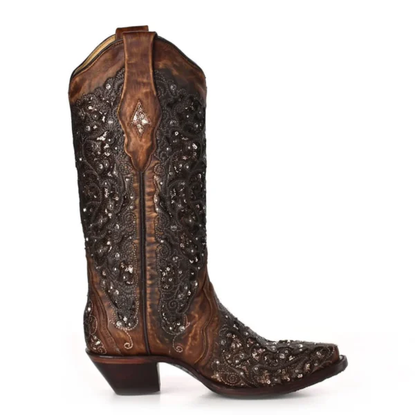 Corral Inlay & Flowered Embroidery Studs & Crystal Boots Cognac