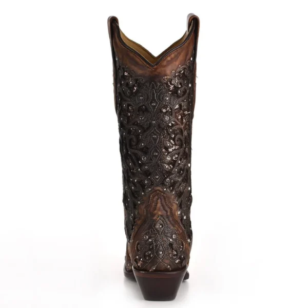 Corral Inlay & Flowered Embroidery Studs & Crystal Boots Cognac