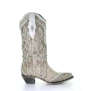 Corral Overlay & Embroidery & Studs & Crystal Boots White