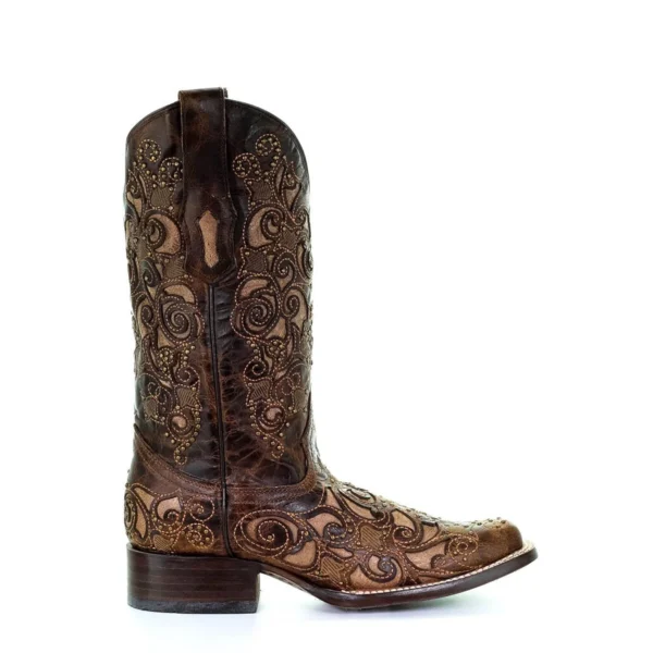 Corral Inlay with Studs & Embroidery Square Toe Cowgirl Boots Brown