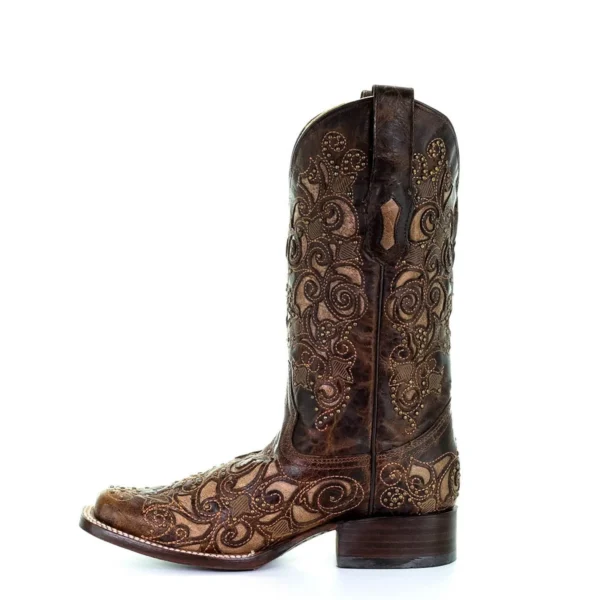 Corral Inlay with Studs & Embroidery Square Toe Cowgirl Boots Brown