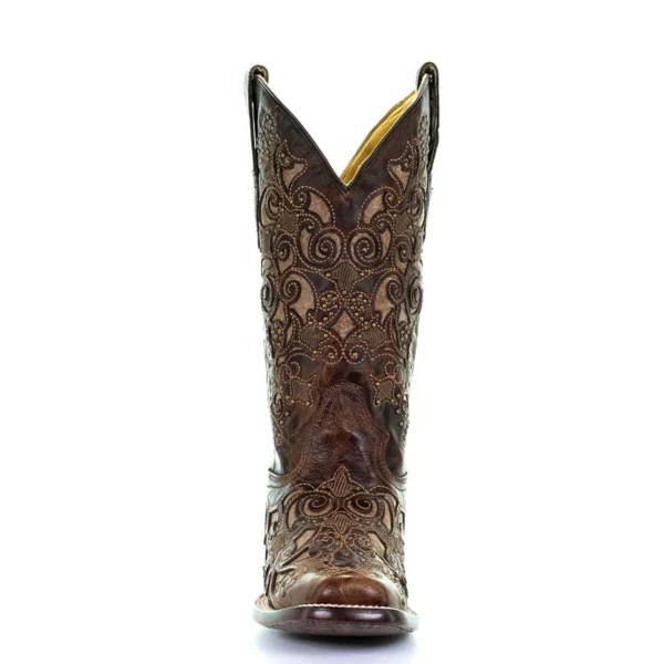 Corral Inlay with Studs & Embroidery Square Toe Cowgirl Boots Brown