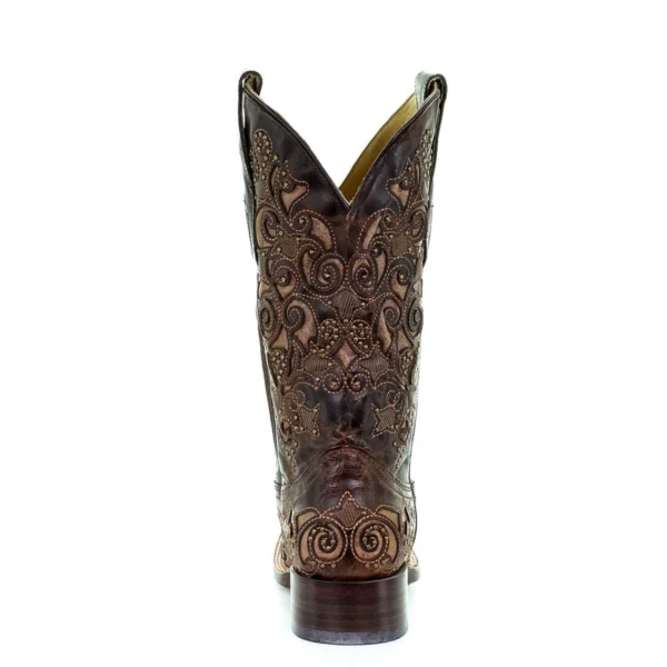 Corral Inlay with Studs & Embroidery Square Toe Cowgirl Boots Brown