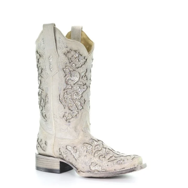 Corral Glitter Inlay Studs & Crystals Square Toe Boots White