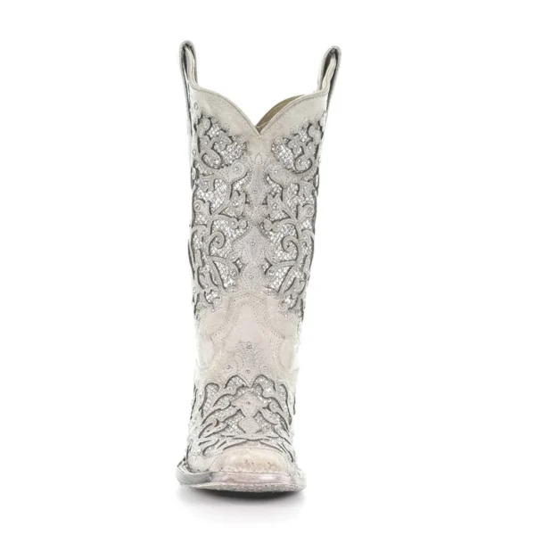 Corral Glitter Inlay Studs & Crystals Square Toe Boots White