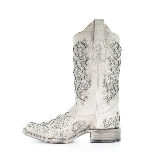 Corral Glitter Inlay Studs & Crystals Square Toe Boots White