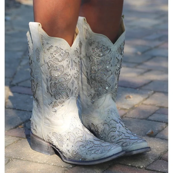 Corral Glitter Inlay Studs & Crystals Square Toe Boots White