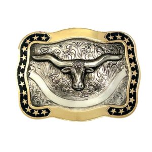 Crumrine Rectangle Buckle Longhorn Silver Black Gold