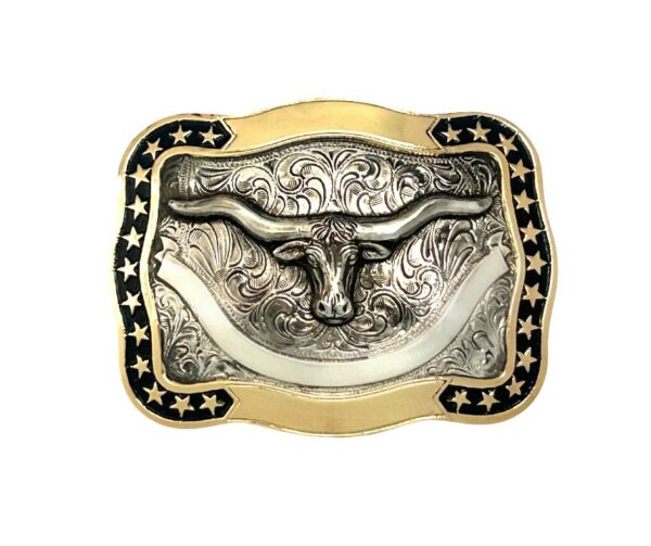 Crumrine Rectangle Buckle Longhorn Silver Black Gold