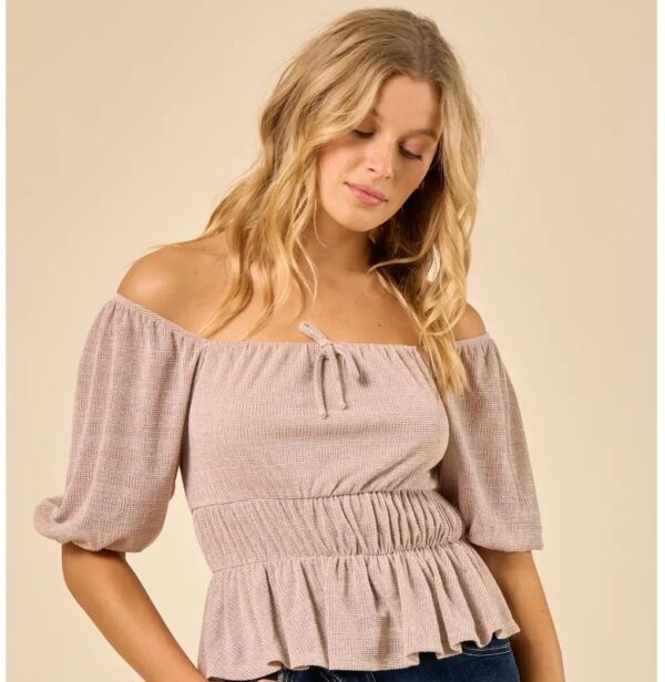 Wisteria Lane Two Tone Knit Baby Doll Womens Top Taupe - Image 2