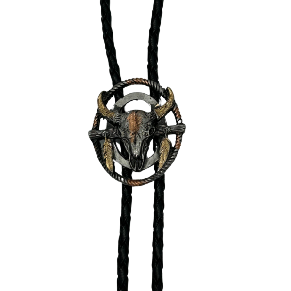 Brigalow Steer Head Rope & Feathers Bolo Tie Gold & Silver - Image 2