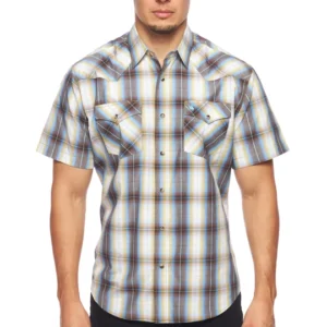 Rodeo Clothing Men’s Plaid Short Sleeve Snap Shirt Blue Brown