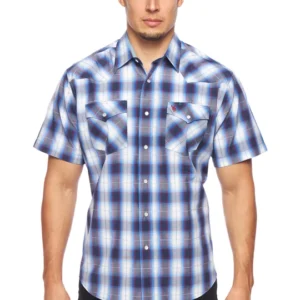 Rodeo Clothing Men’s Plaid Short Sleeve Snap Shirt Blue Red