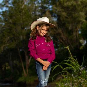 Brigalow Girls Long Sleeve Snap Shirt w/Logo Wine