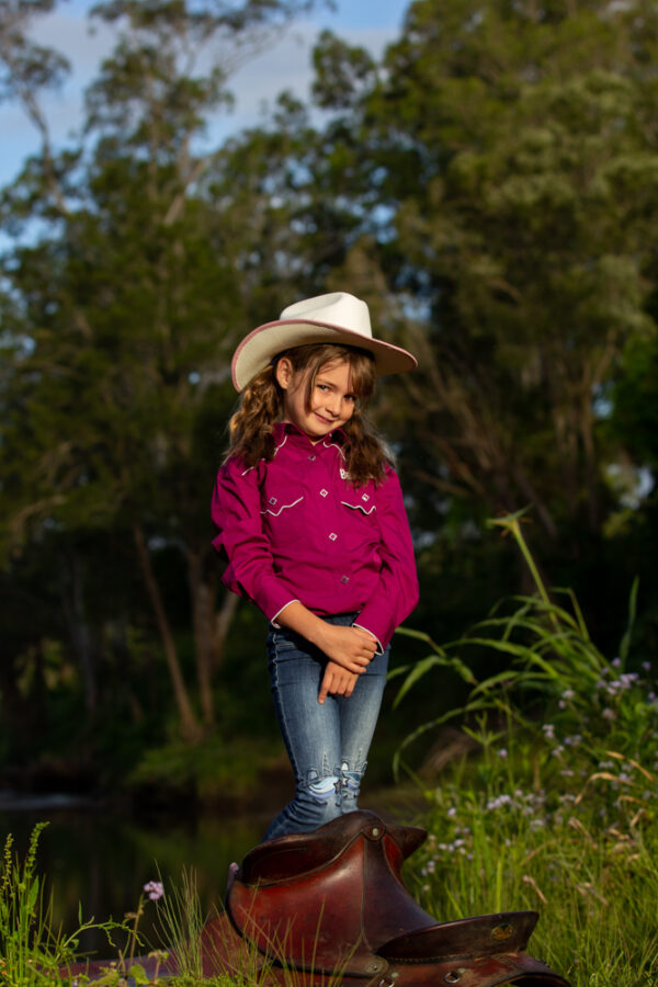 Brigalow Girls Long Sleeve Snap Shirt w/Logo Wine