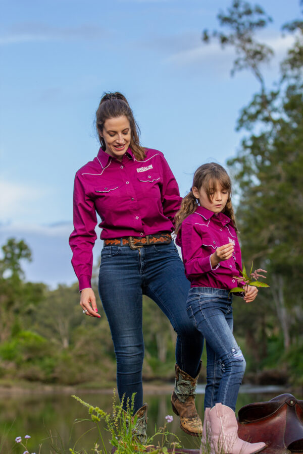 Brigalow Girls Long Sleeve Snap Shirt w/Logo Wine