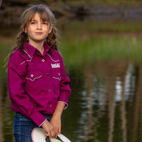 Brigalow Girls Long Sleeve Snap Shirt w/Logo Wine