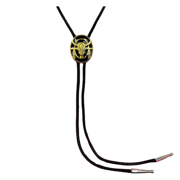 Brigalow Steer Skull w Feathers Bolo Tie Black Enamel