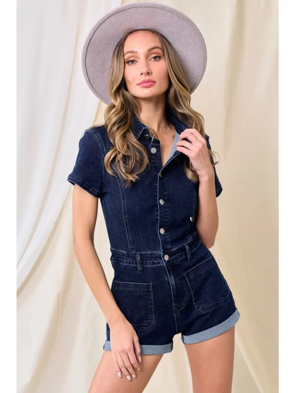 Wisteria Lane Boho Dark Denim Romper