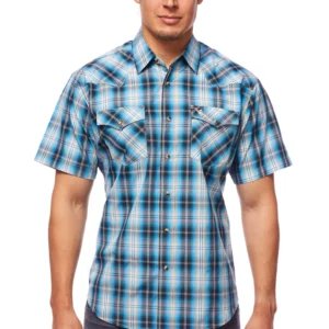 Rodeo Clothing Men’s Plaid Short Sleeve Snap Shirt Blue Black