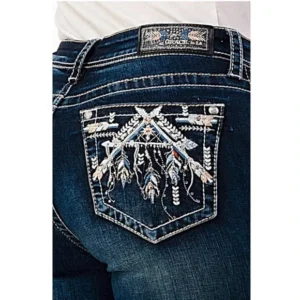Grace in LA Aztec Feather Embroidered Easy Fit Distressed Stretch Bootcut Jeans