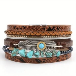 Boho Leopard Layered Bracelet Faux Turquoise PU Leather