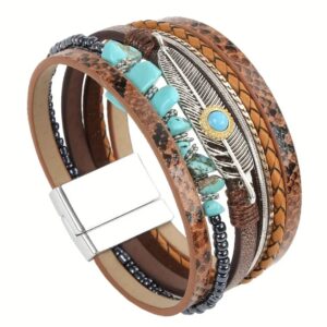 Boho Leopard Layered Bracelet Faux Turquoise PU Leather