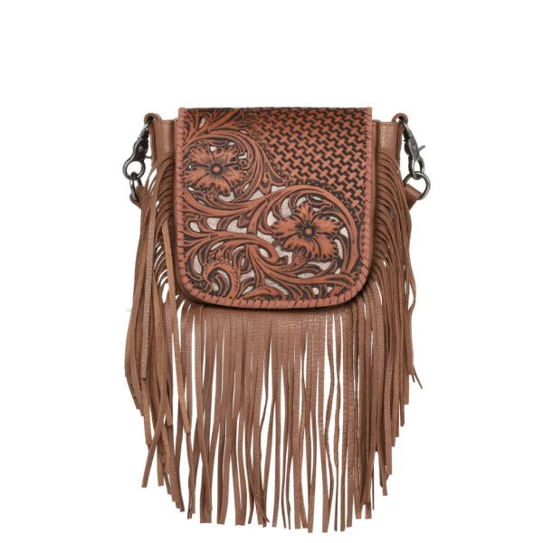 Montana West Genuine Leather Tooled Cut Out Collection Fringe Crossbody Brown