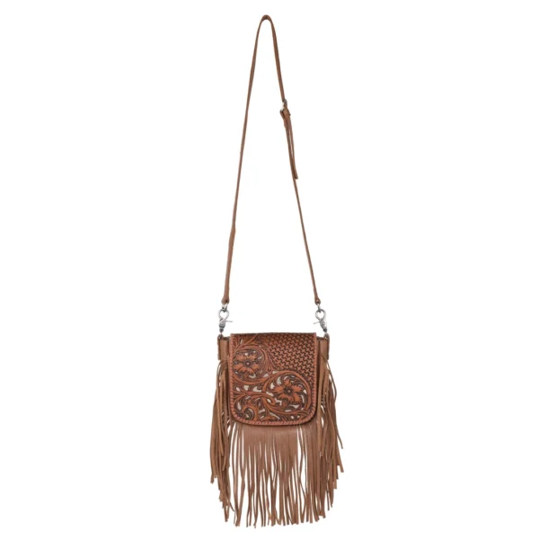 Montana West Genuine Leather Tooled Cut Out Collection Fringe Crossbody Brown