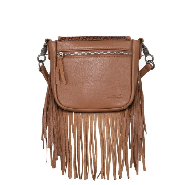 Montana West Genuine Leather Tooled Cut Out Collection Fringe Crossbody Brown