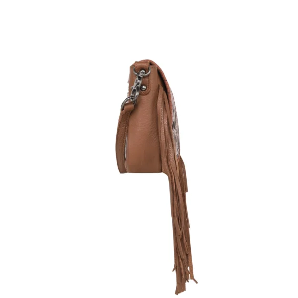 Montana West Genuine Leather Tooled Cut Out Collection Fringe Crossbody Brown