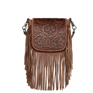 Montana West Genuine Leather Tooled Cut Out Collection Fringe Crossbody Brown