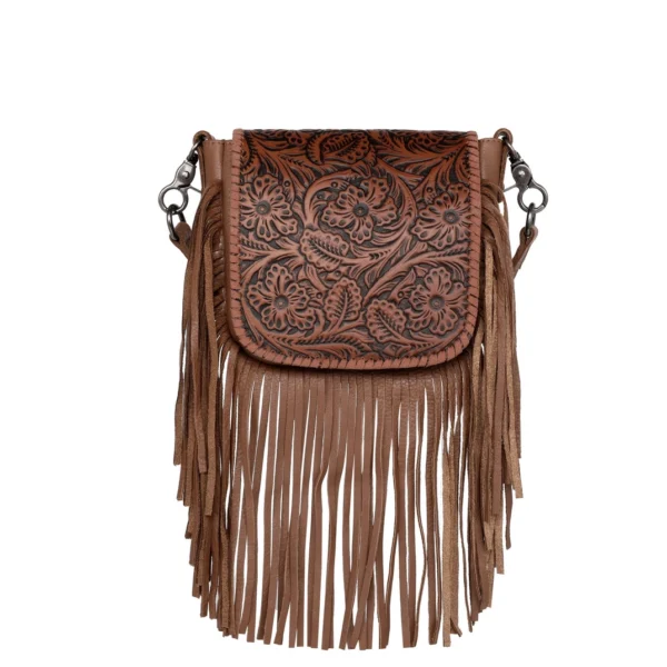 Montana West Genuine Leather Tooled Cut Out Collection Fringe Crossbody Brown