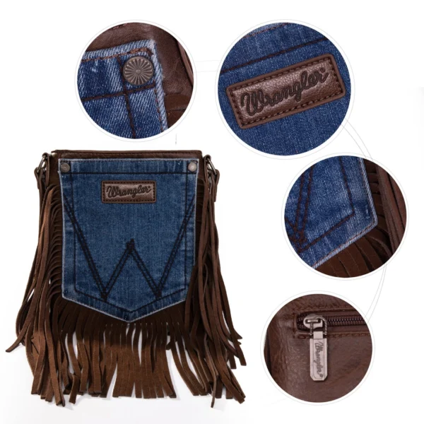 Wrangler Leather Fringe Jean Denim Pocket Crossbody - Coffee - Image 2